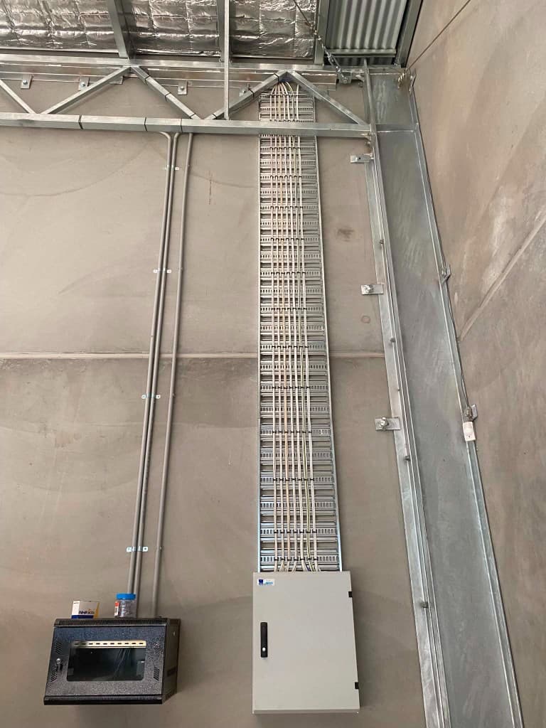 Structured cabling in a cable ladder on a commercial wall